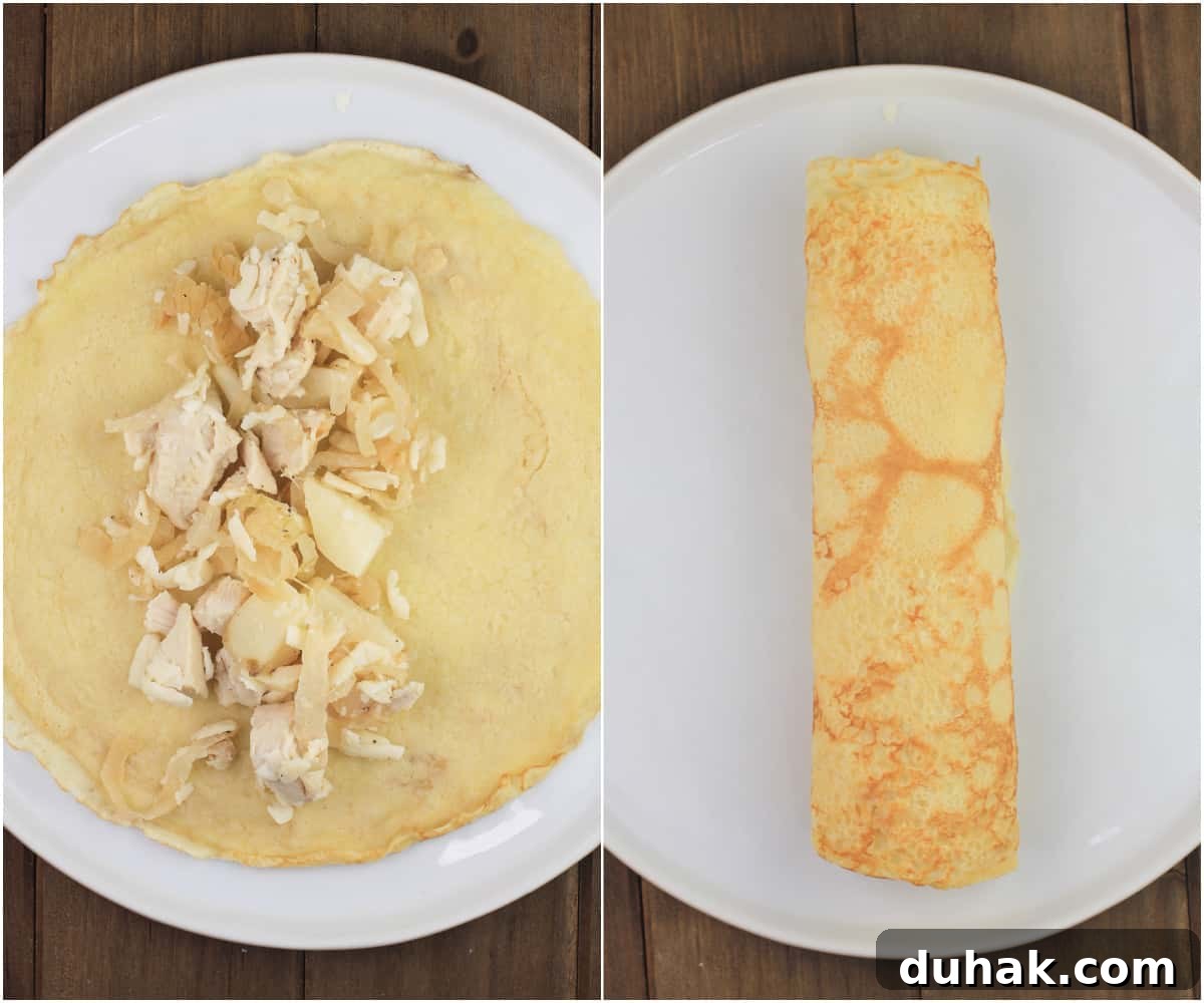 Savory Chicken and Potato Crepes: Rustic Filling Recipe 7 collage of 2 photos; left, chicken and potato filling on crepe; right, crepe rolled up around filling