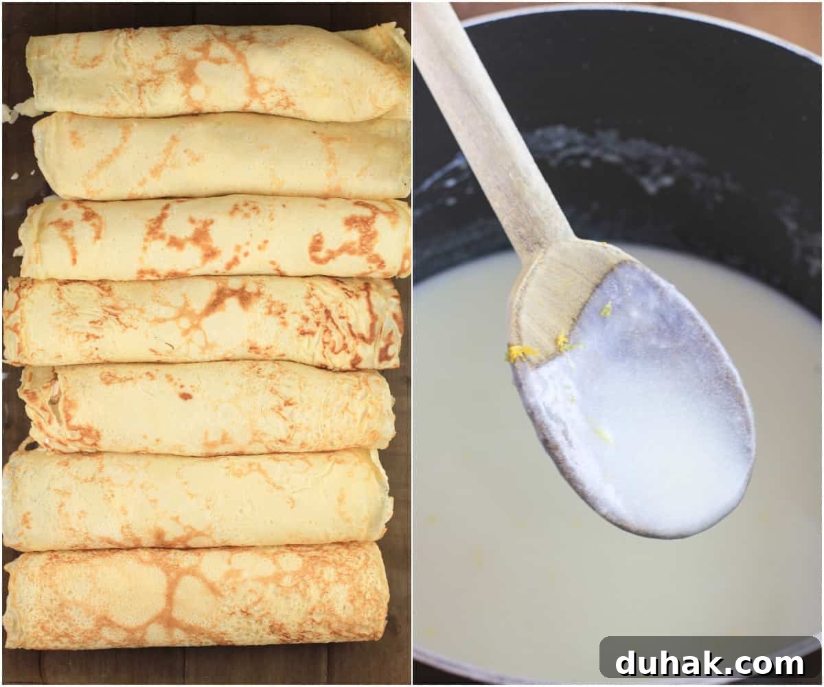 Savory Chicken and Potato Crepes: Rustic Filling Recipe 8 collage of 2 photos: left, crepes in pan before baking; right, wood spoon coated with lemon bechamel sauce