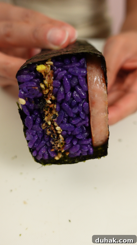 Ube Spam Musubi Recipe: How to Make Filipino Purple Yam Spam Rolls 5 Ube rice close-up 2
