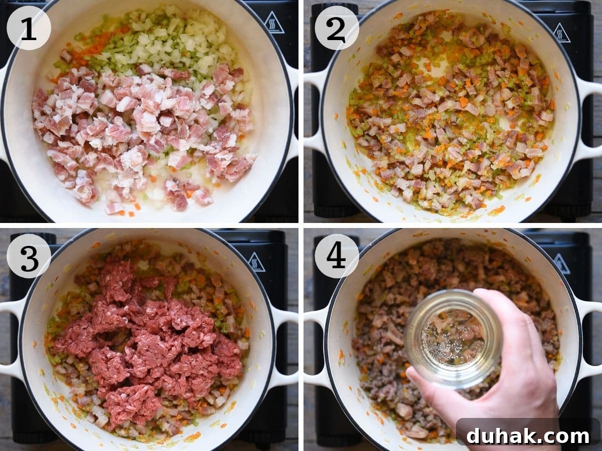 Authentic Ragù alla Bolognese: Classic Italian Meat Sauce Recipe 4 Step by step photos showing how to make authentic Bolognese sauce from scratch