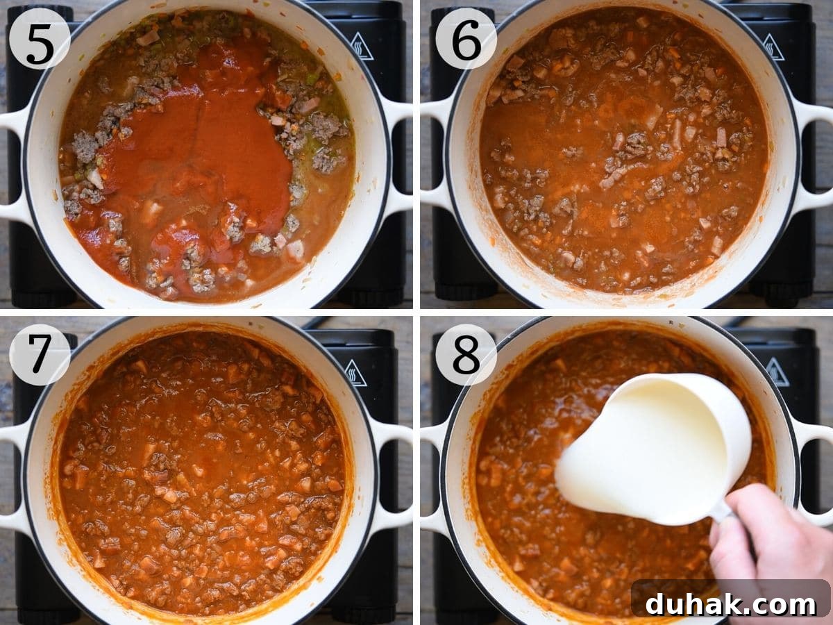 Authentic Ragù alla Bolognese: Classic Italian Meat Sauce Recipe 5 Step by step photos showing what bolognese sauce should look like at different stages