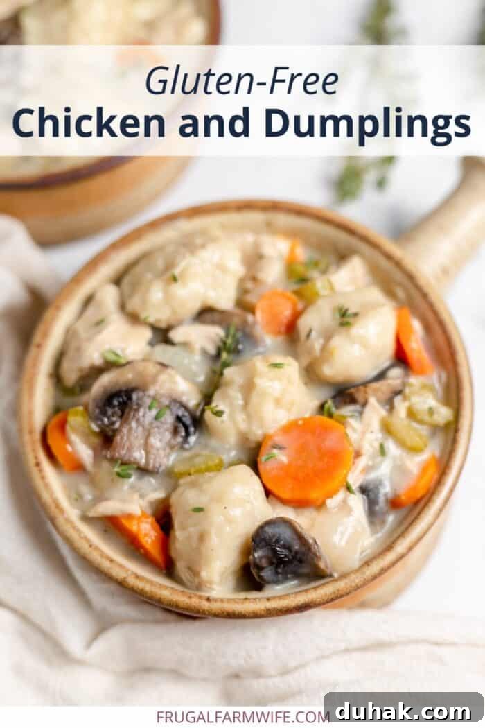Comforting Gluten-Free Chicken with Fluffy Dumplings 2 Image shows a close up of a bowl of chicken and dumpling soup, with text above that reads 'gluten free chicken and dumplings'