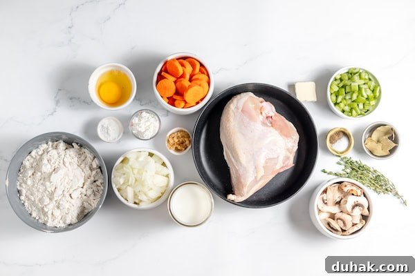 Comforting Gluten-Free Chicken with Fluffy Dumplings 3 Image, taken from above, shows several dishes filled with the ingredients for gluten free chicken and dumplings on a white counter.