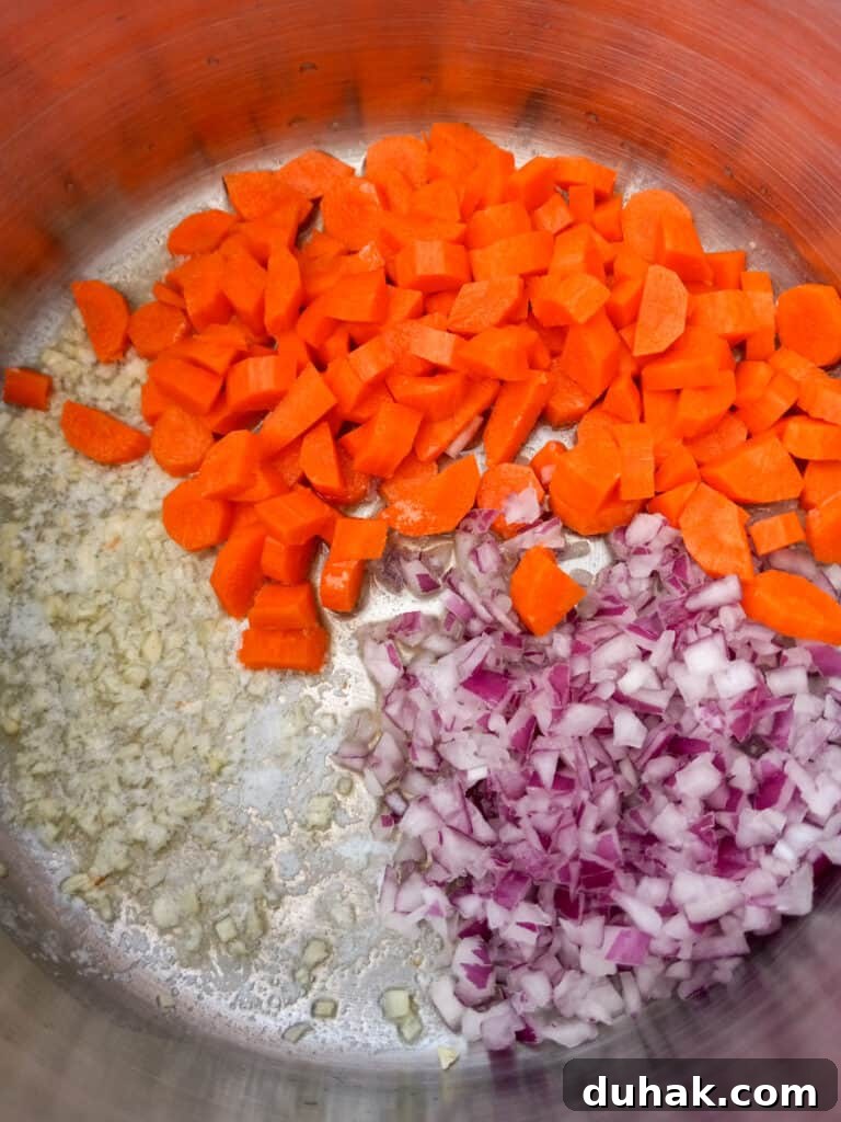 carrots, onions, and garlic in a pot