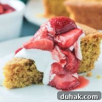 Vanilla Cornbread Cake Recipe: Moist, Sweet Corn Cake 9 Hero Shot - Vanilla Corn Cake w/ Roasted Strawberries
