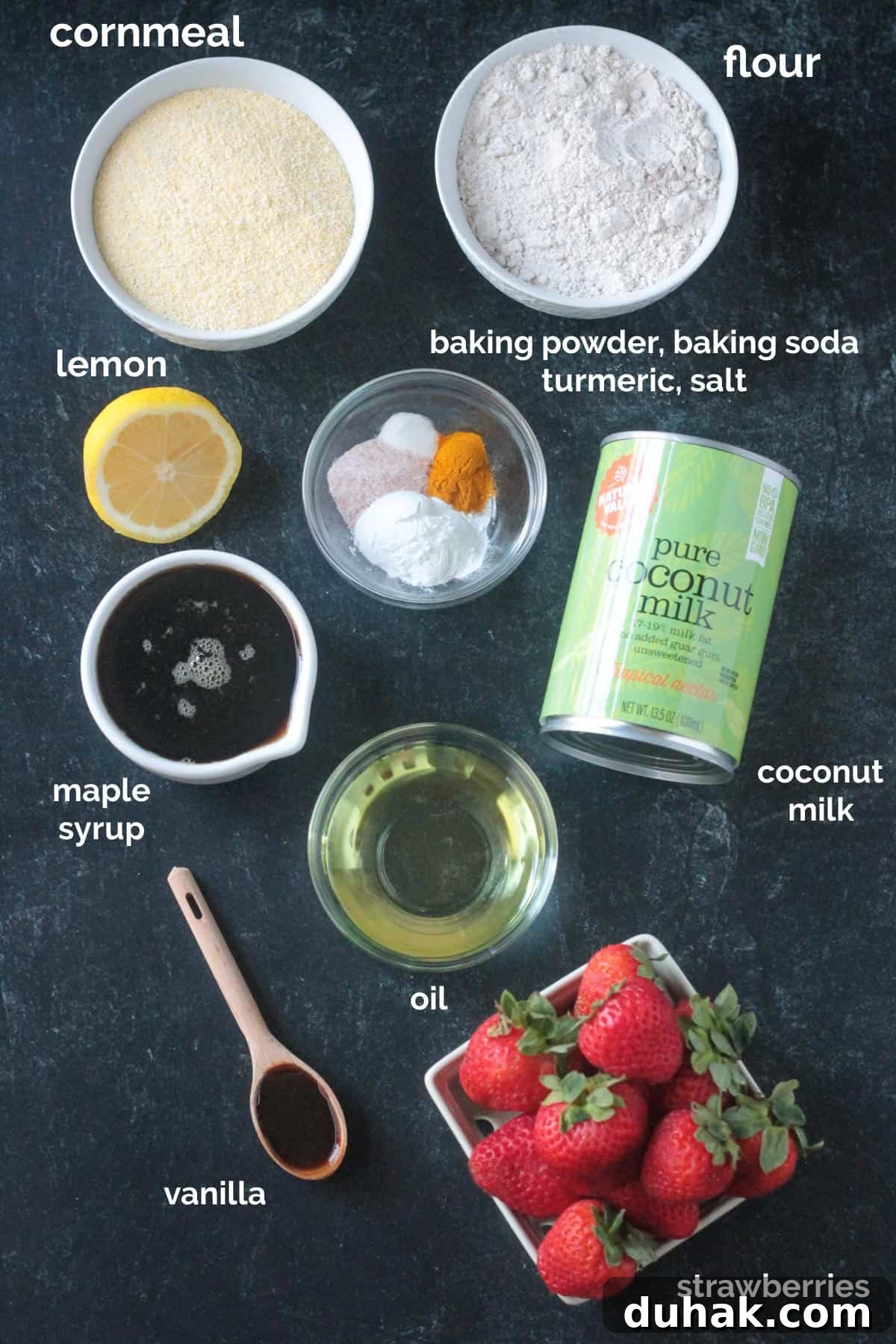 Vanilla Cornbread Cake Recipe: Moist, Sweet Corn Cake 2 Recipe ingredients arrayed in individual bowls.